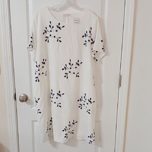 Women's White Midi Dress with Navy Floral Embroidery